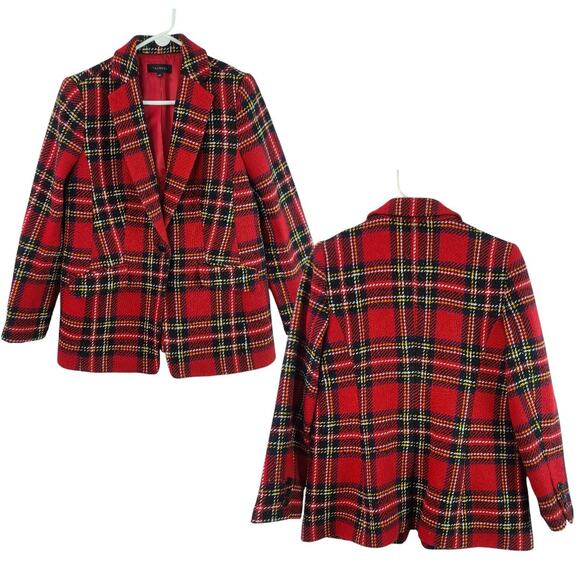 Talbots Red Black Blue Yellow Plaid Wool Blend Jacket Blazer Coat Lined 10 - Picture 1 of 6